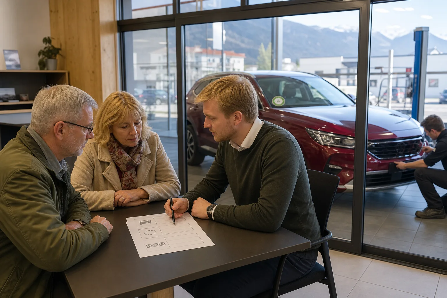 Ostjad arutavad nõustajaga auto dokumente müügisalongis.