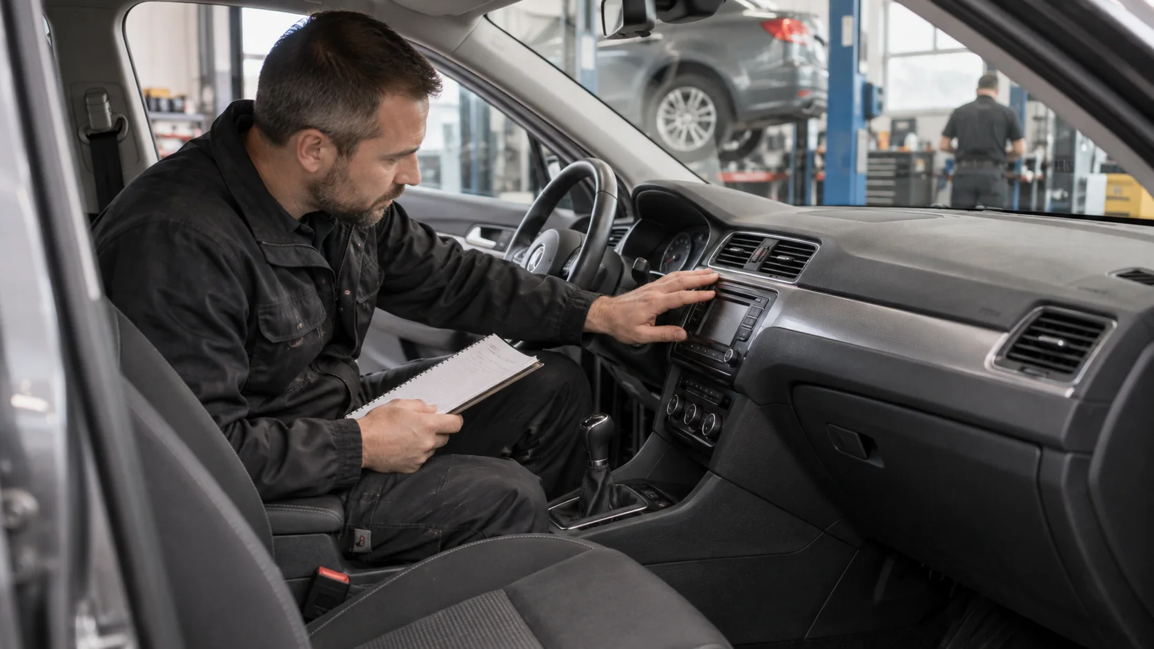 Ekspert kontrollib auto armatuurlauda ja märgib andmed üles.