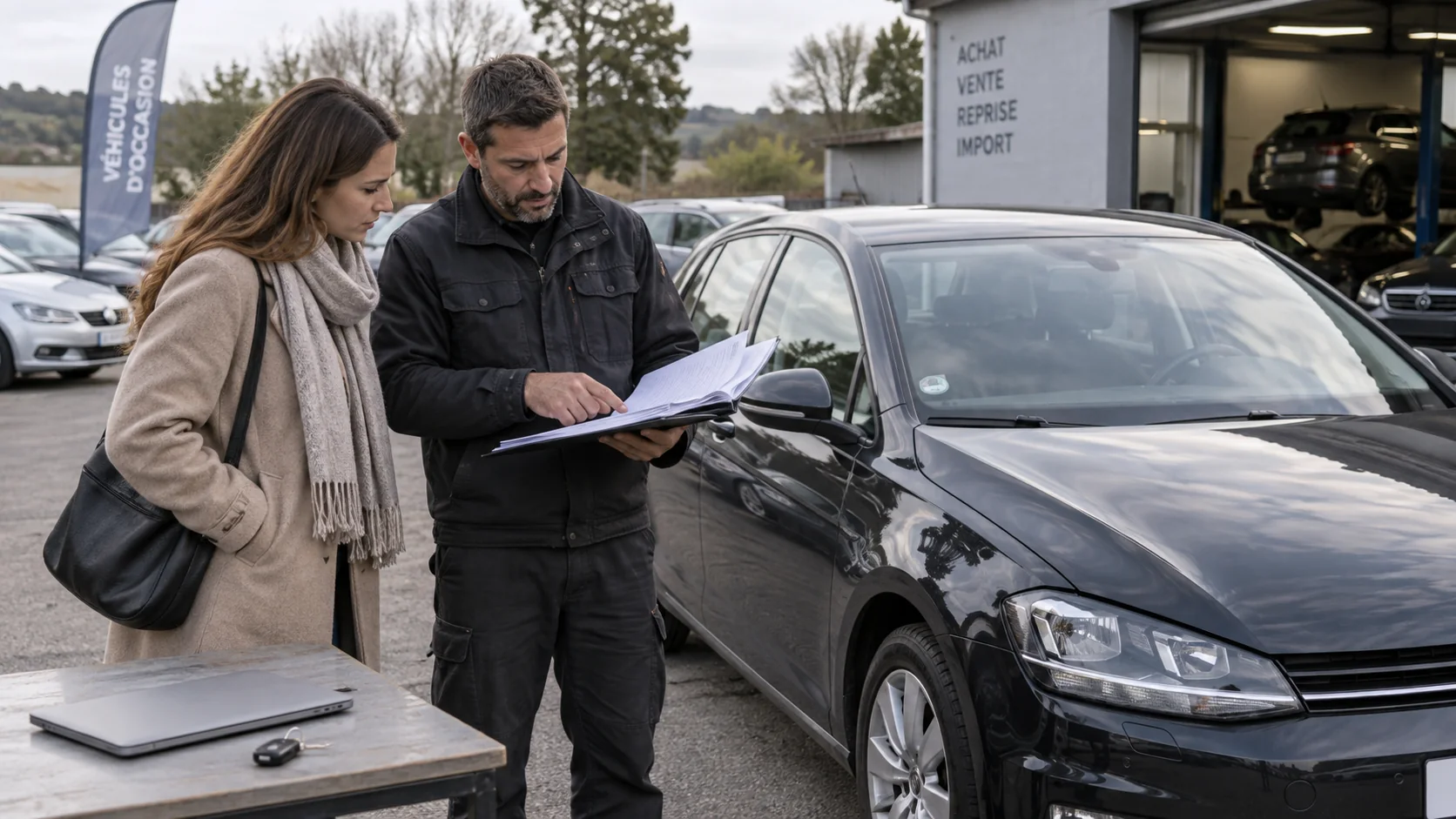 Ostja ja ekspert võrdlevad dokumente kasutatud auto kõrval.