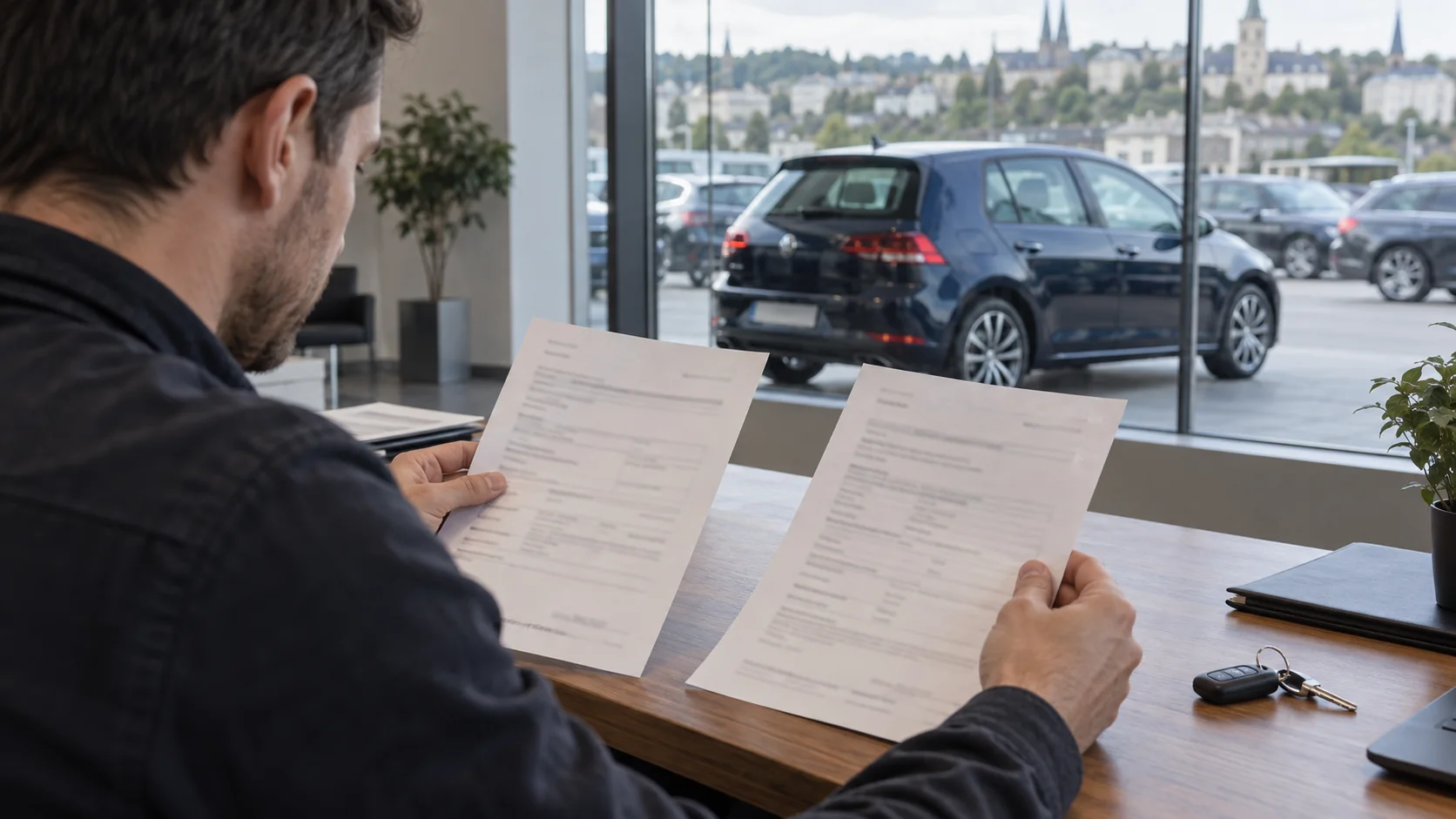 Ekspert võrdleb laua taga kahte dokumenti, taustal on autod.