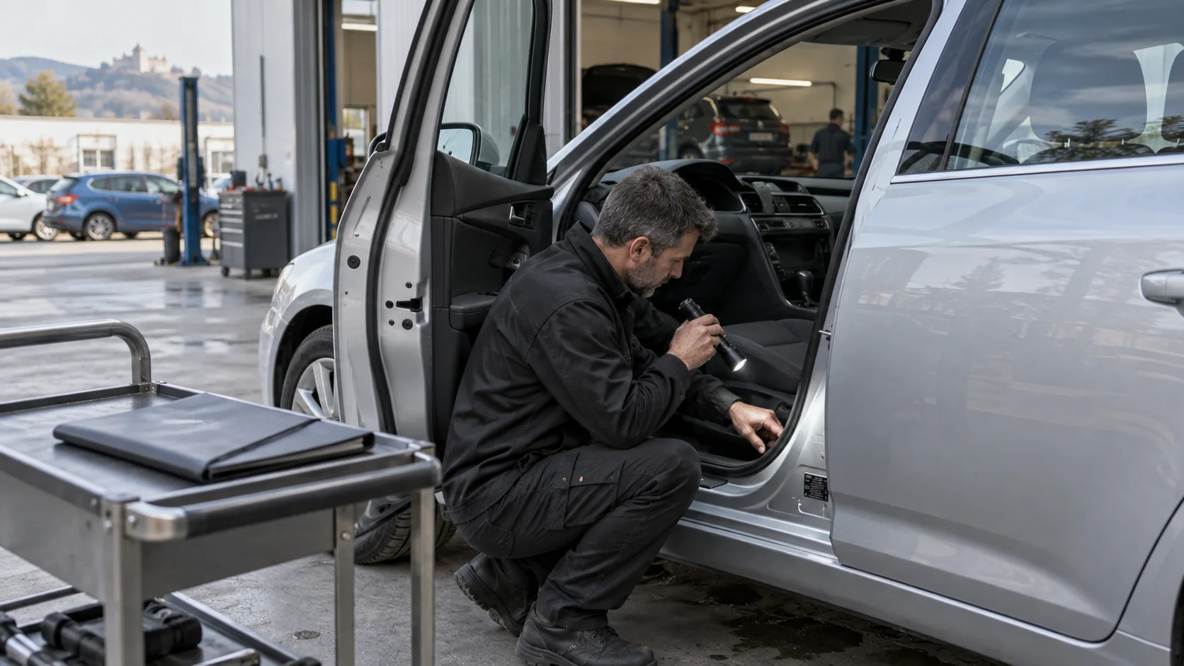 Ekspert uurib taskulambiga auto läve ja identifitseerimisandmete piirkonda.
