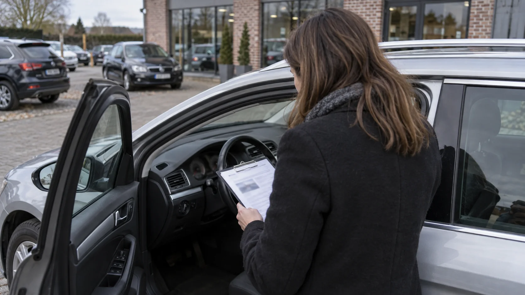 Ekspert kontrollib dokumente auto avatud ukse kõrval.